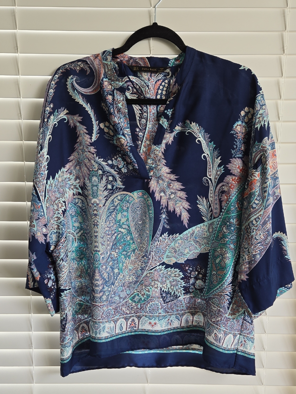 Zara Silk Flowy Blouse - Navy & Teal